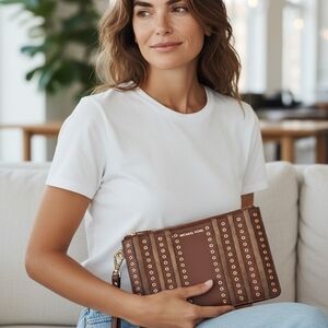 Michael Kors Brooklyn Grommet Suede And Leather Wristlet